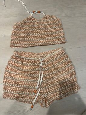 Orange & Cream Knit Two-Piece Set - Halter Top & Shorts